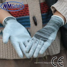 NMSAFETY cheap pu coated gloves en388 13 gauge mix knitted two colors nylon liner plam coated white pu glove